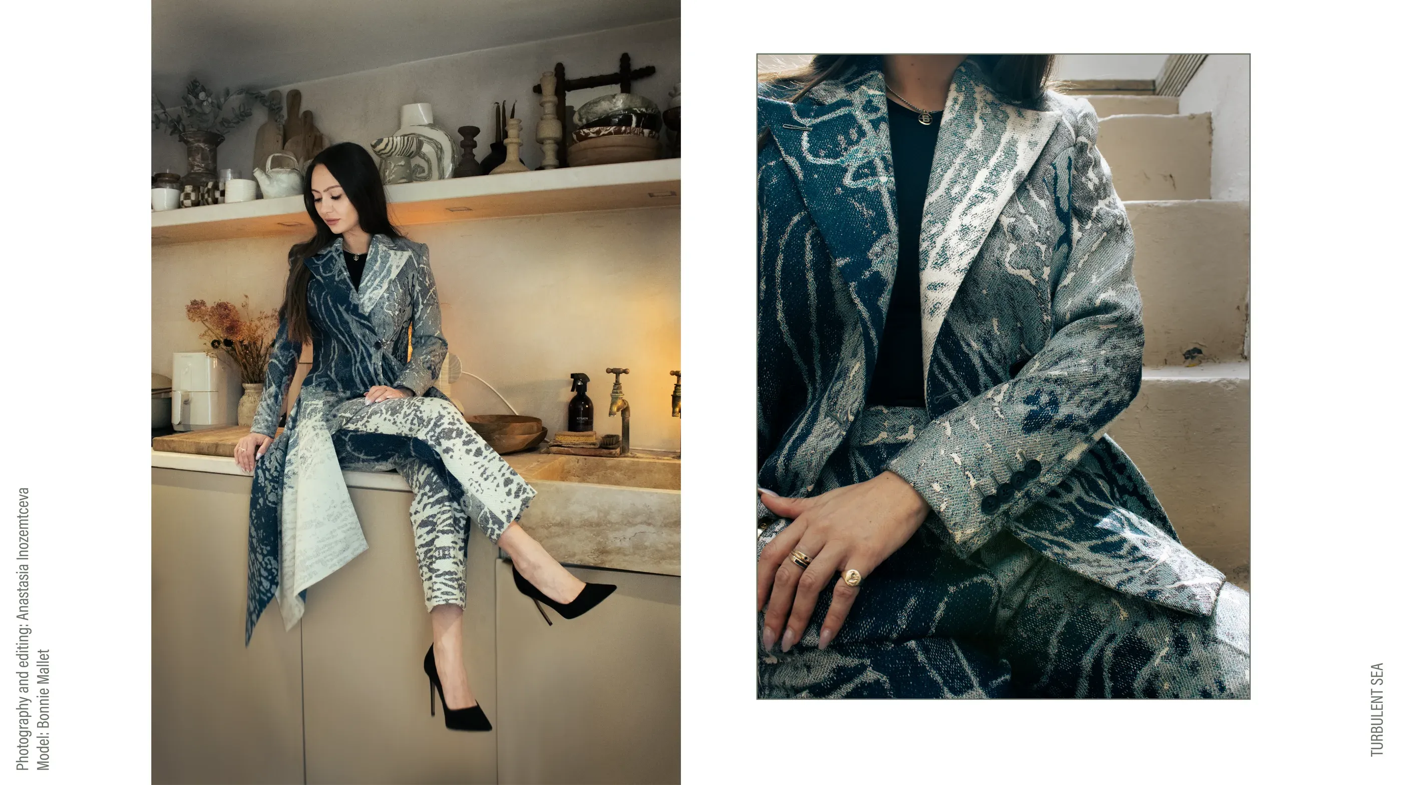 Two-part editorial of a blue jacquard tailored suit
