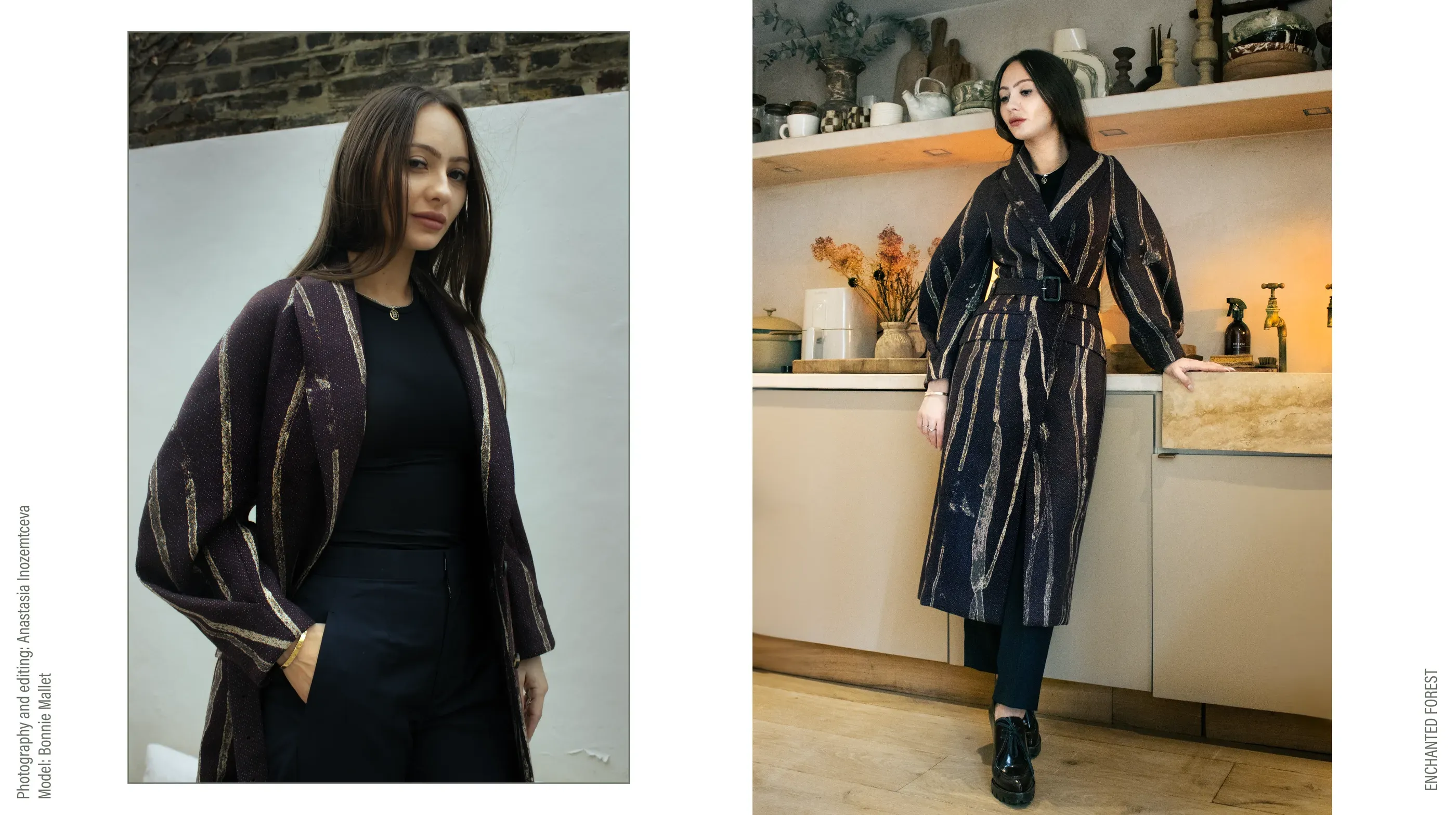 Two-part editorial of a striped and belted tailored coat