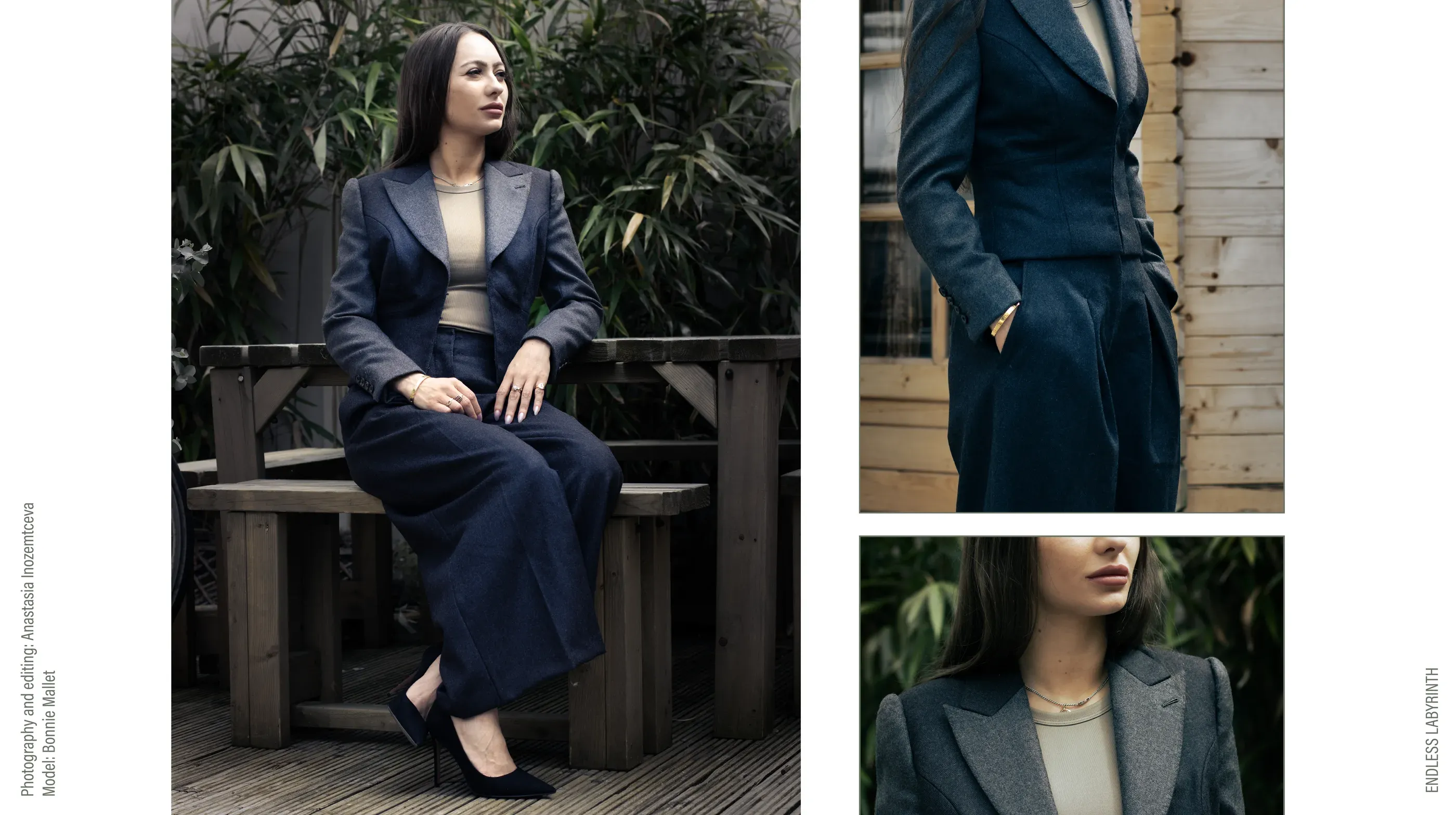 Two-part editorial of a grey wool tailored suit