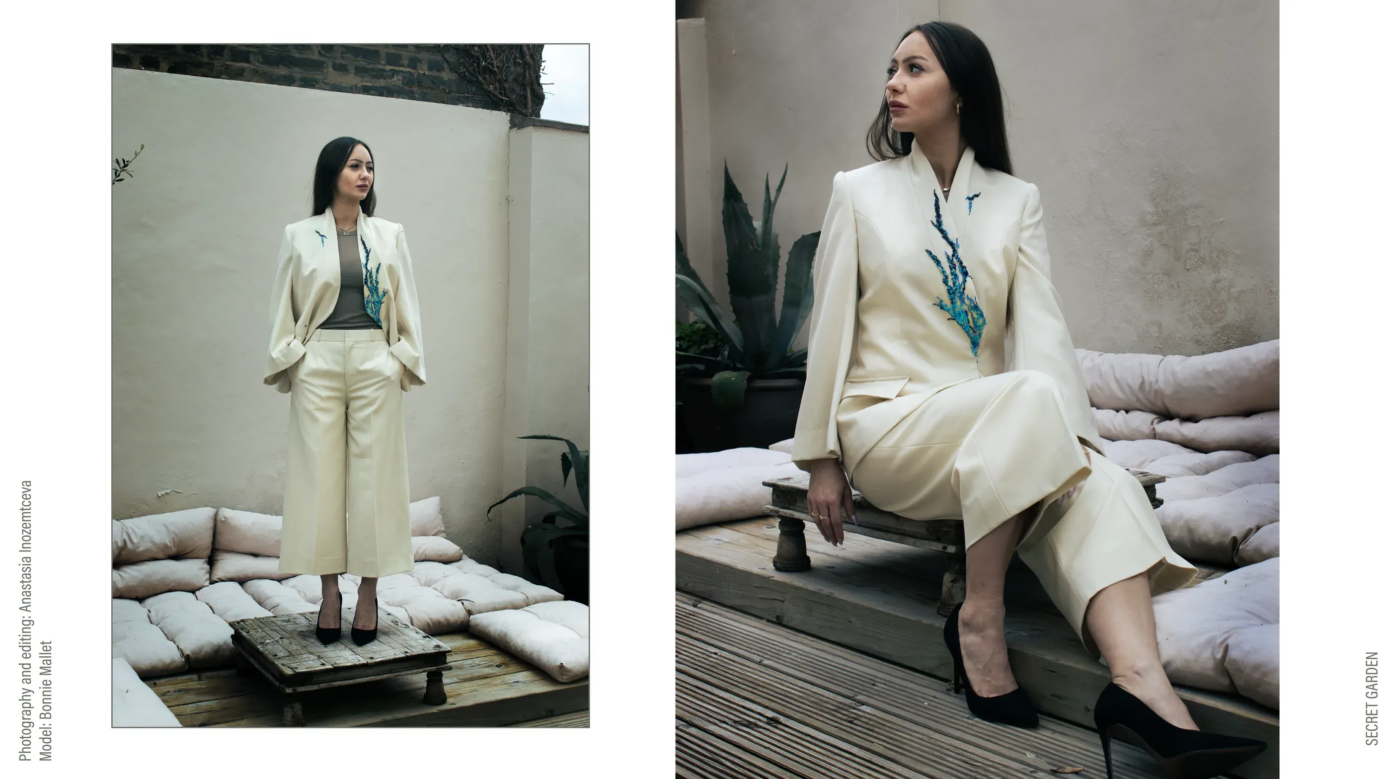 Two-part editorial of a cream tailored suit with blue embroidery