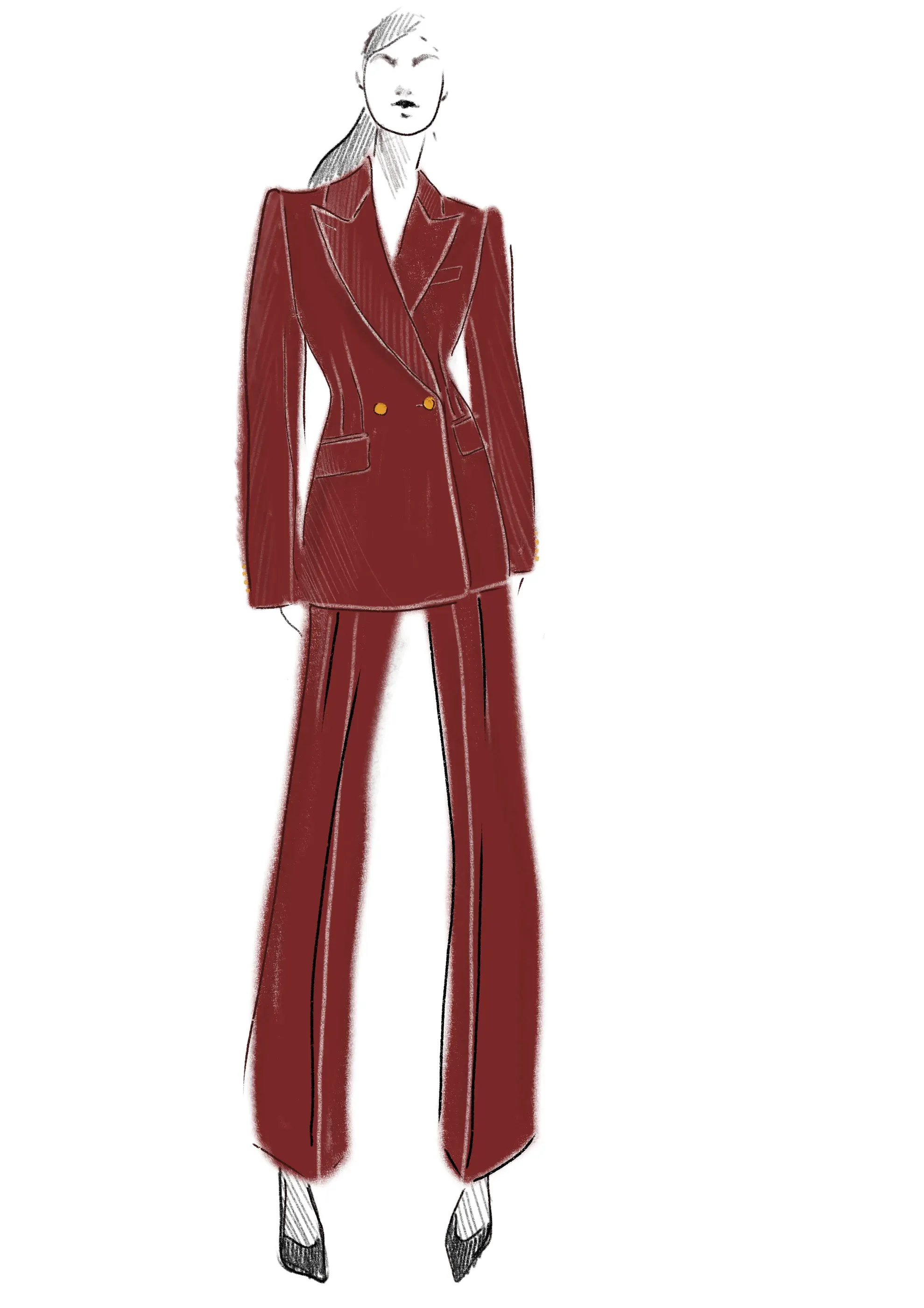Fashion illustration of a burgundy double-breasted trouser suit