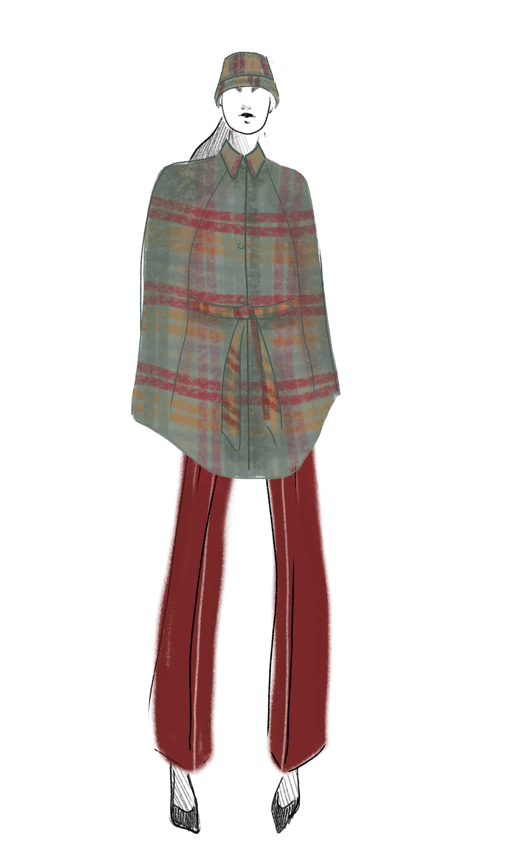 Fashion illustration of a plaid cape with matching hat and trousers
