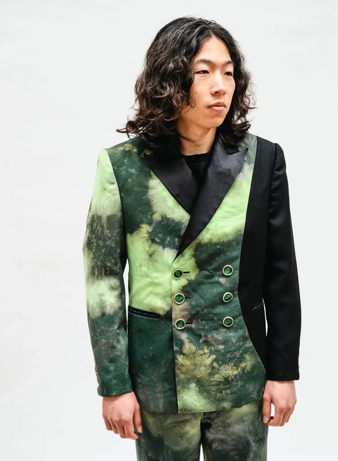 Tie-dye green double-breasted jacket with black satin lapel, worn closed