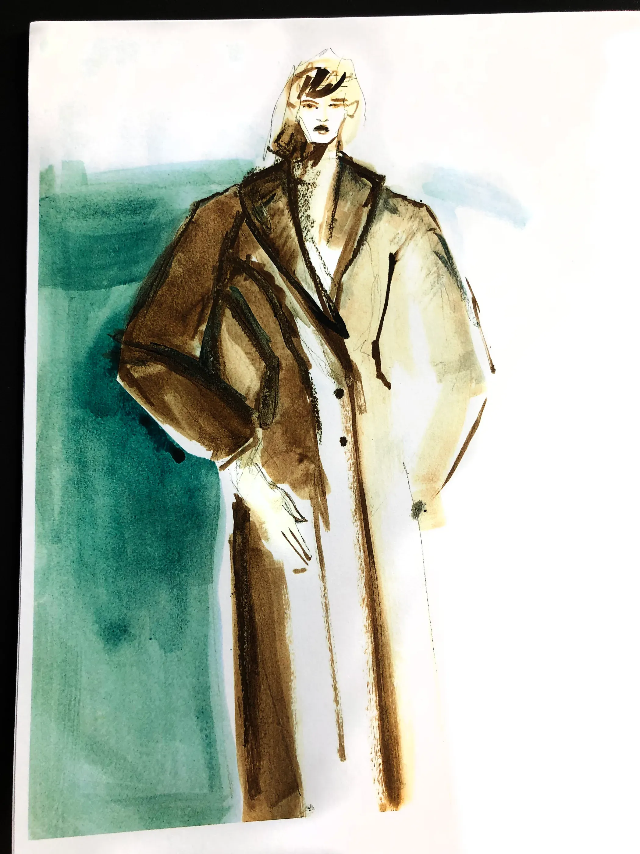 Watercolour design study for the striped wool overcoat