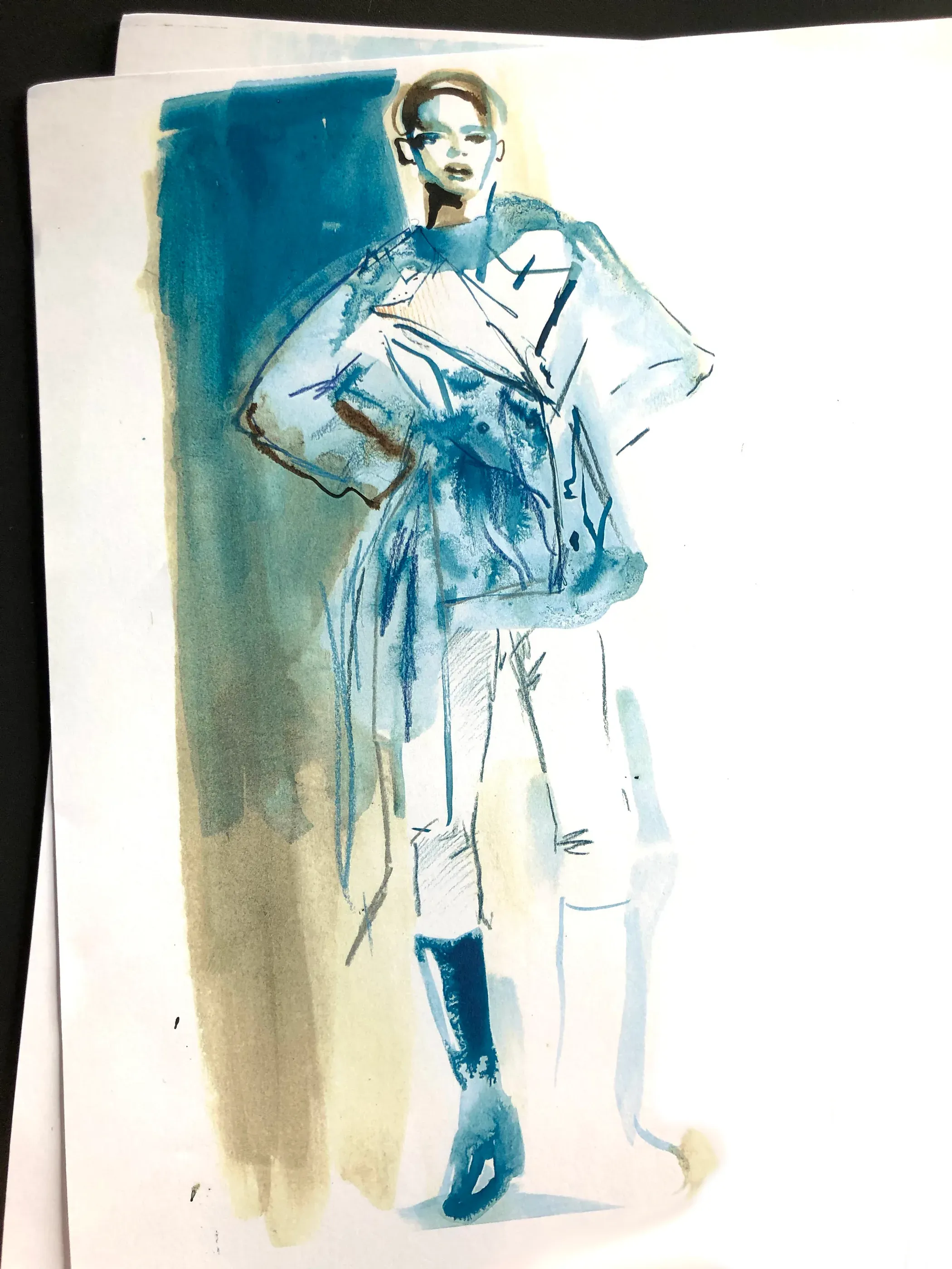 Watercolour design study for a cropped jacket in blue