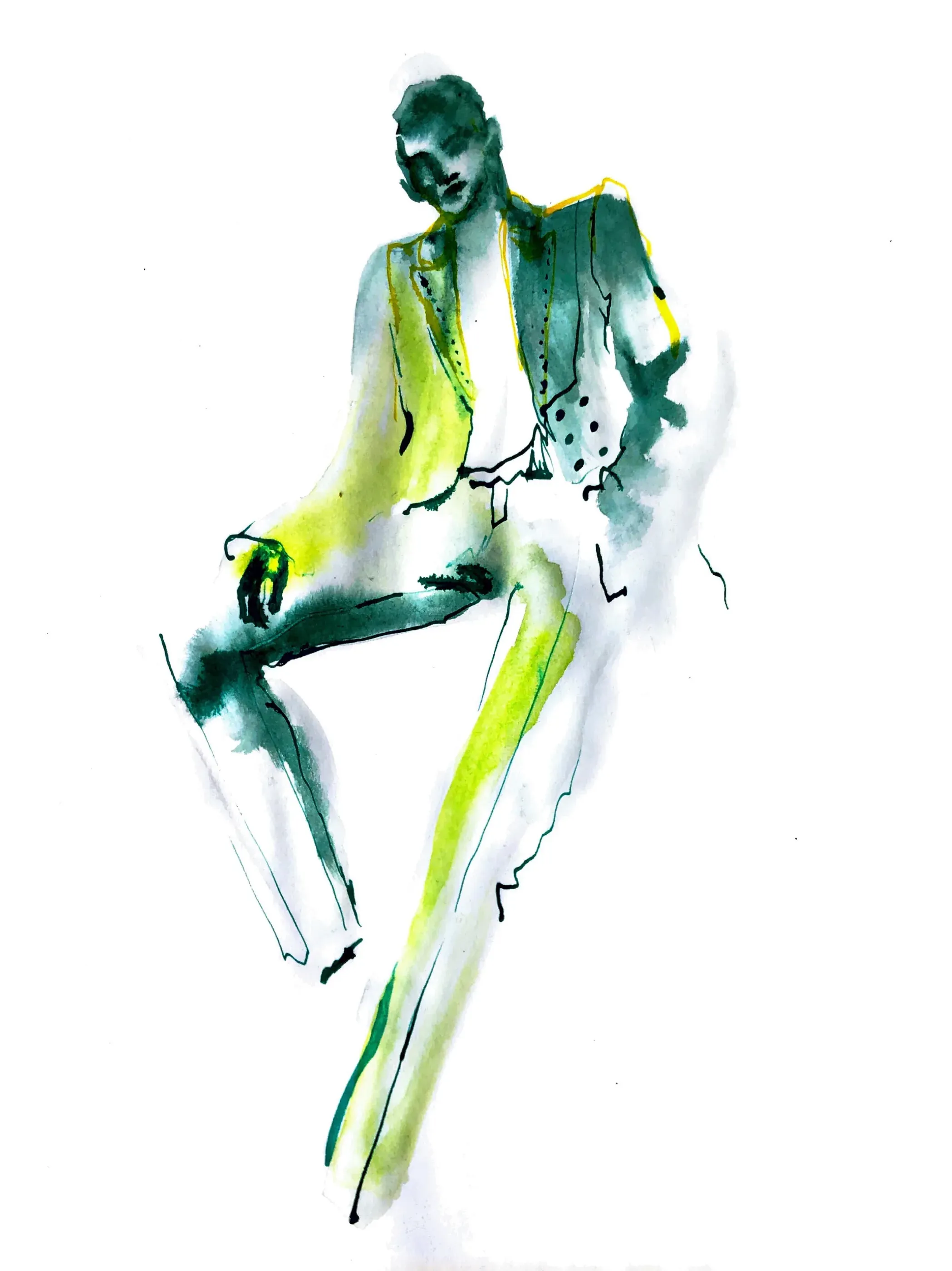 Watercolour fashion illustration of a seated figure in a polka-dot jacket