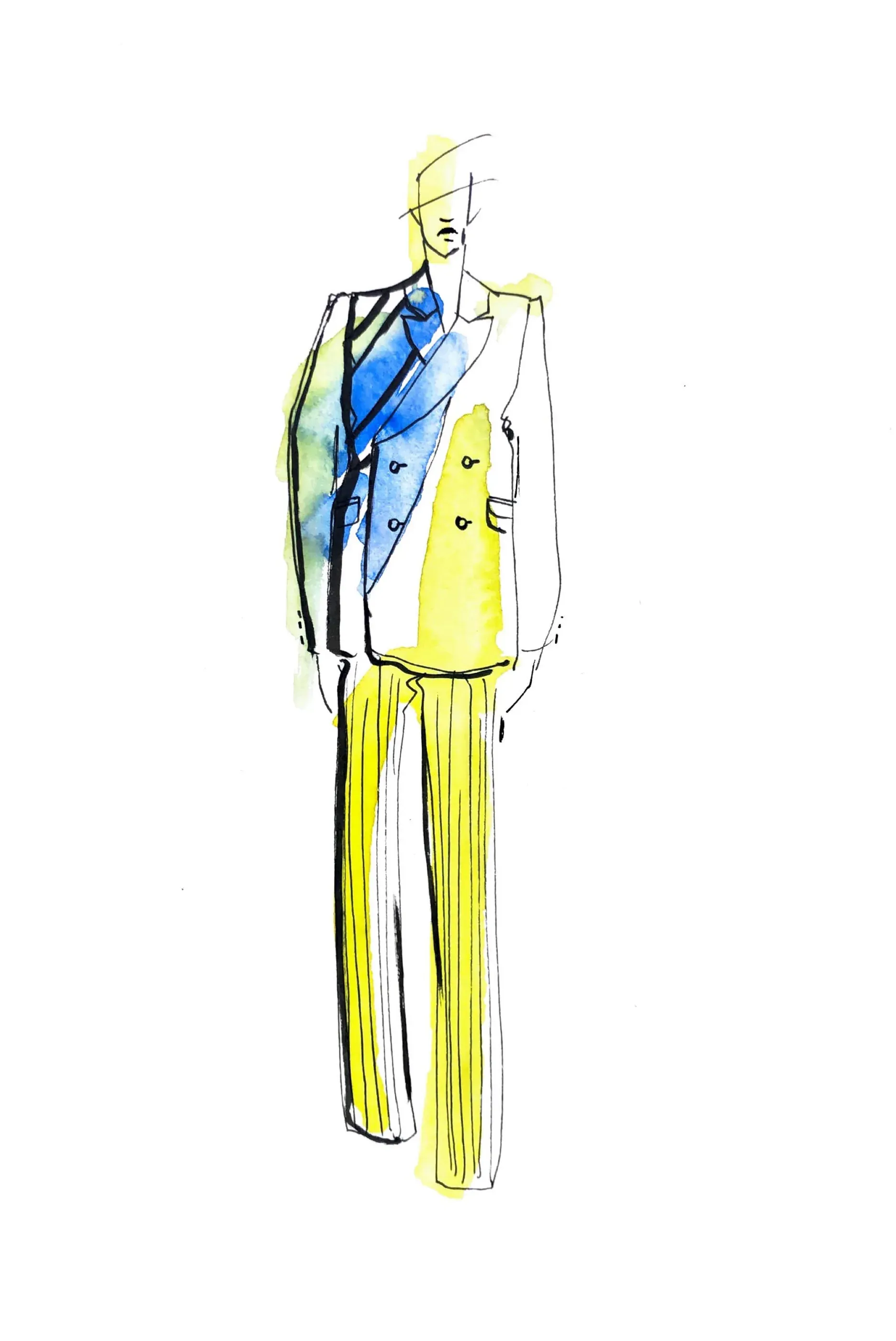 Colourway study for a double-breasted suit in green and yellow