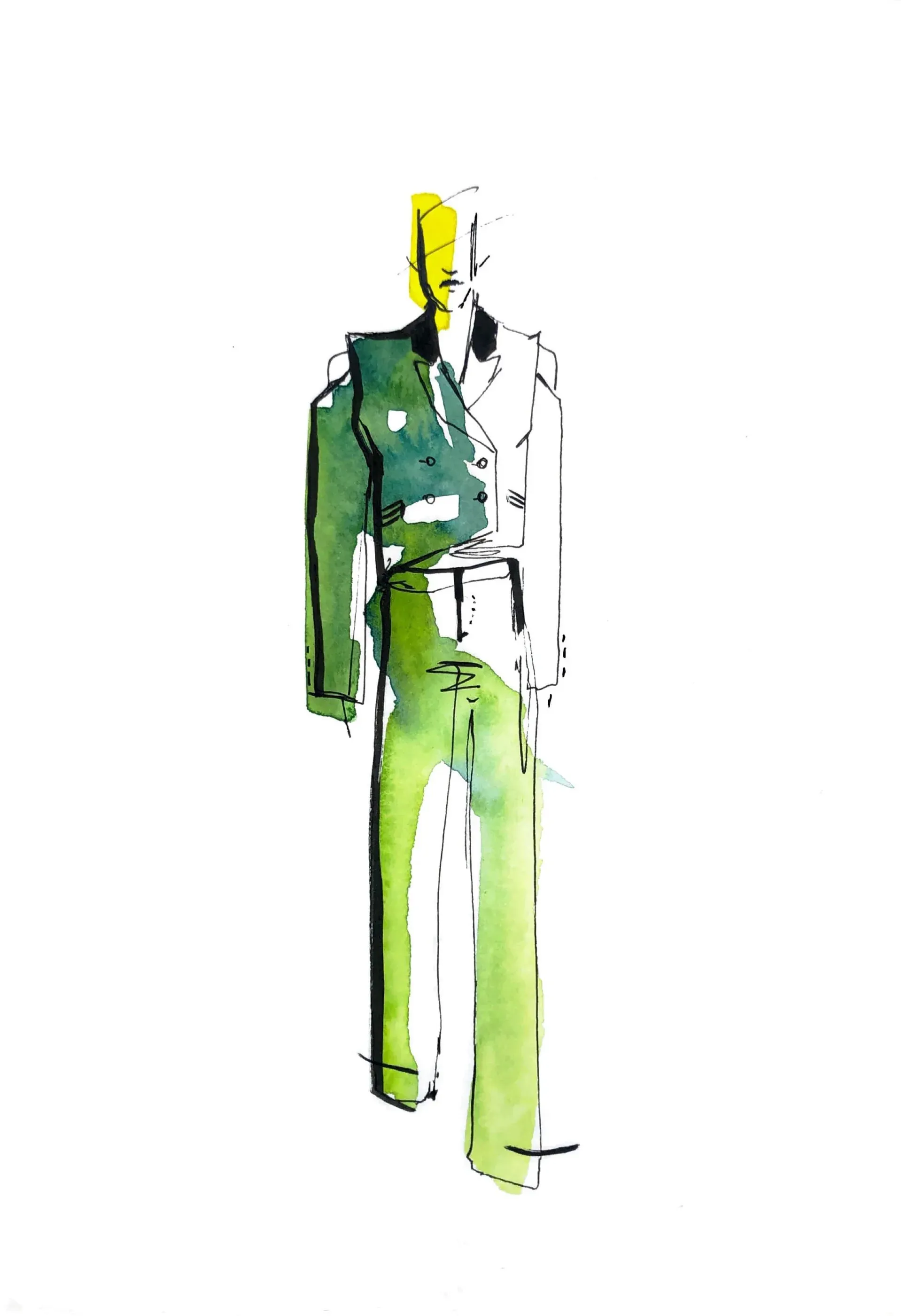 Colourway study for a double-breasted suit in green
