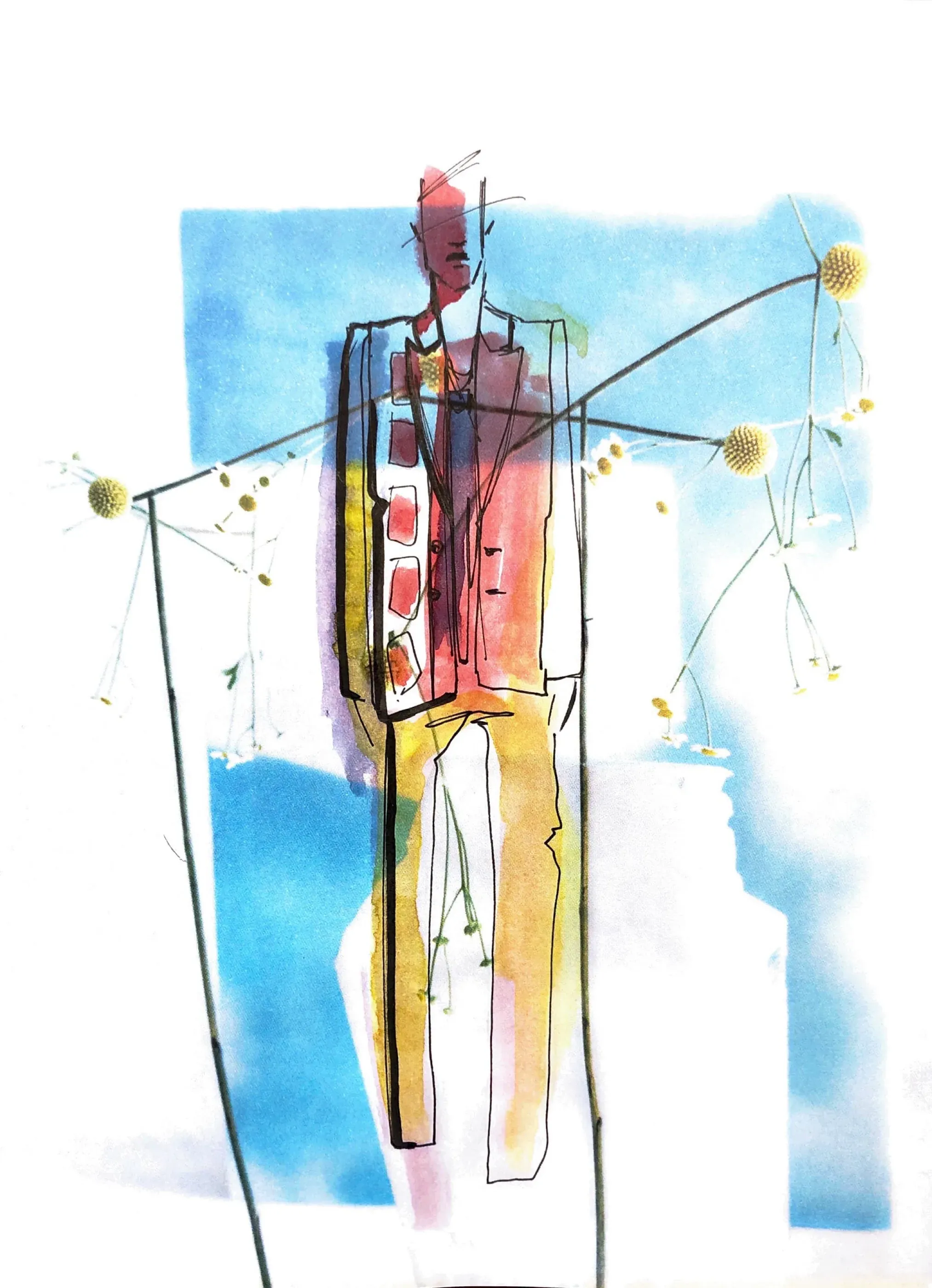 Colourway study for a tailored jacket in blue, red and yellow with floral motif
