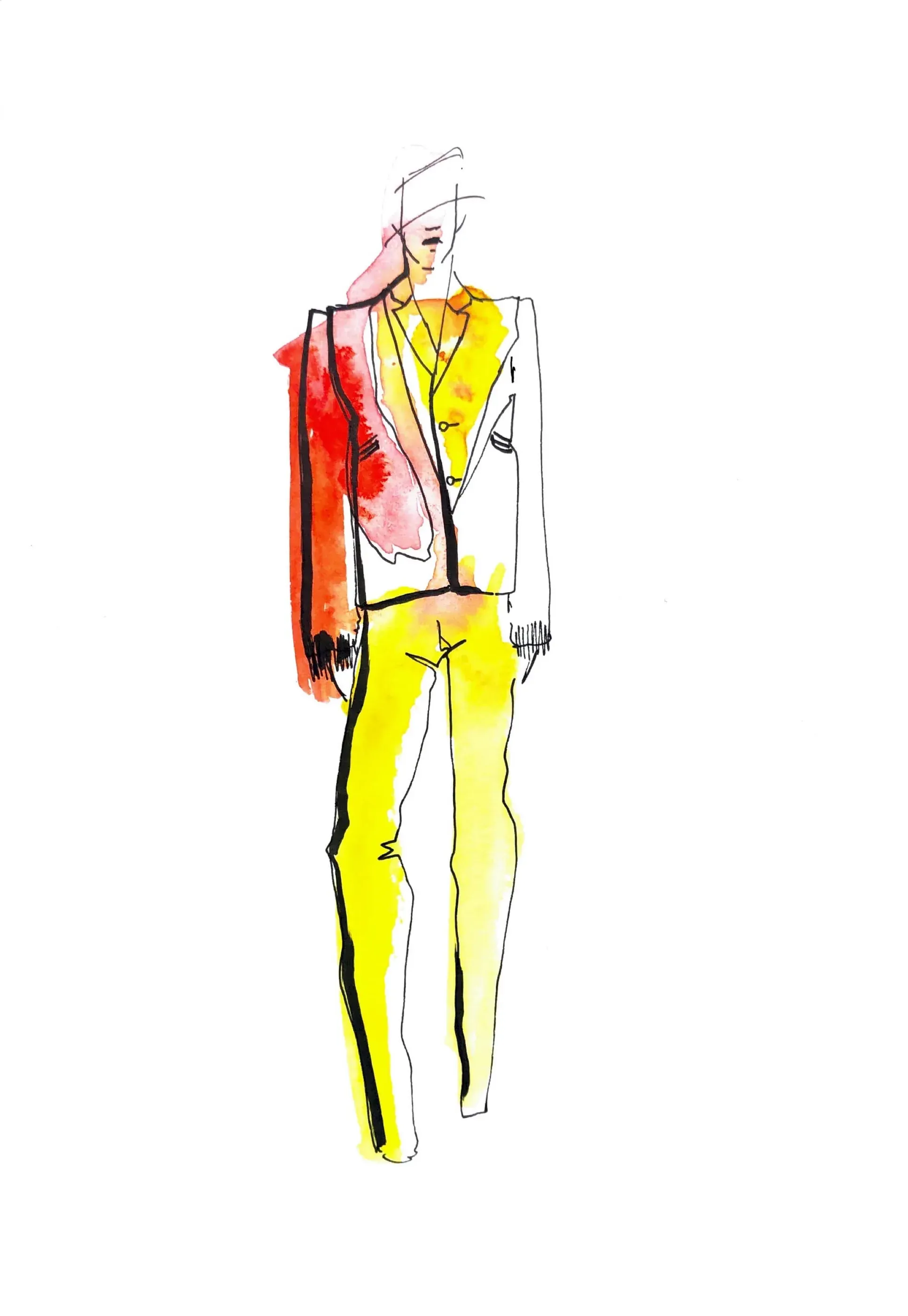 Colourway study for a double-breasted jacket in red and yellow
