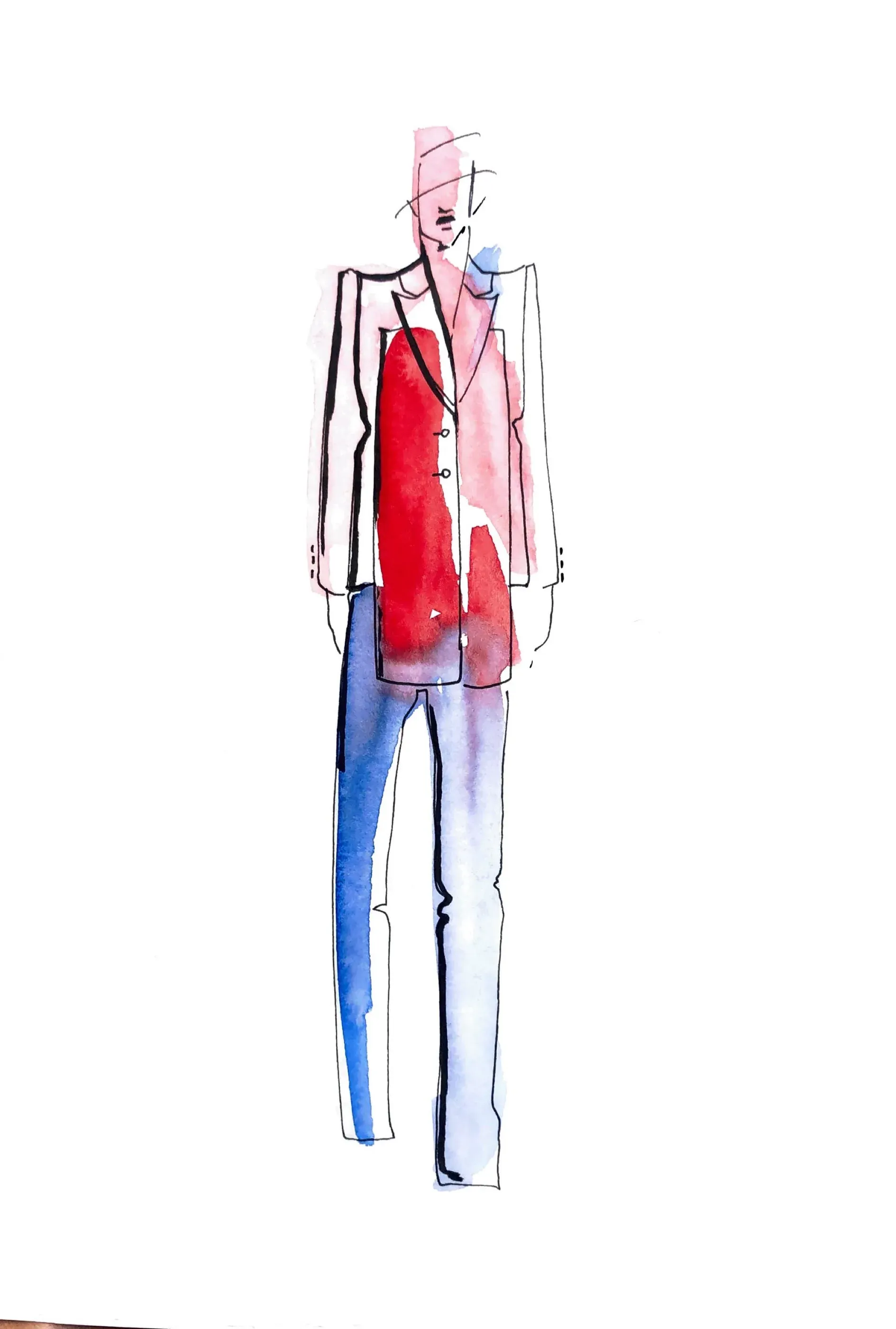Colourway study for a double-breasted jacket in red and blue