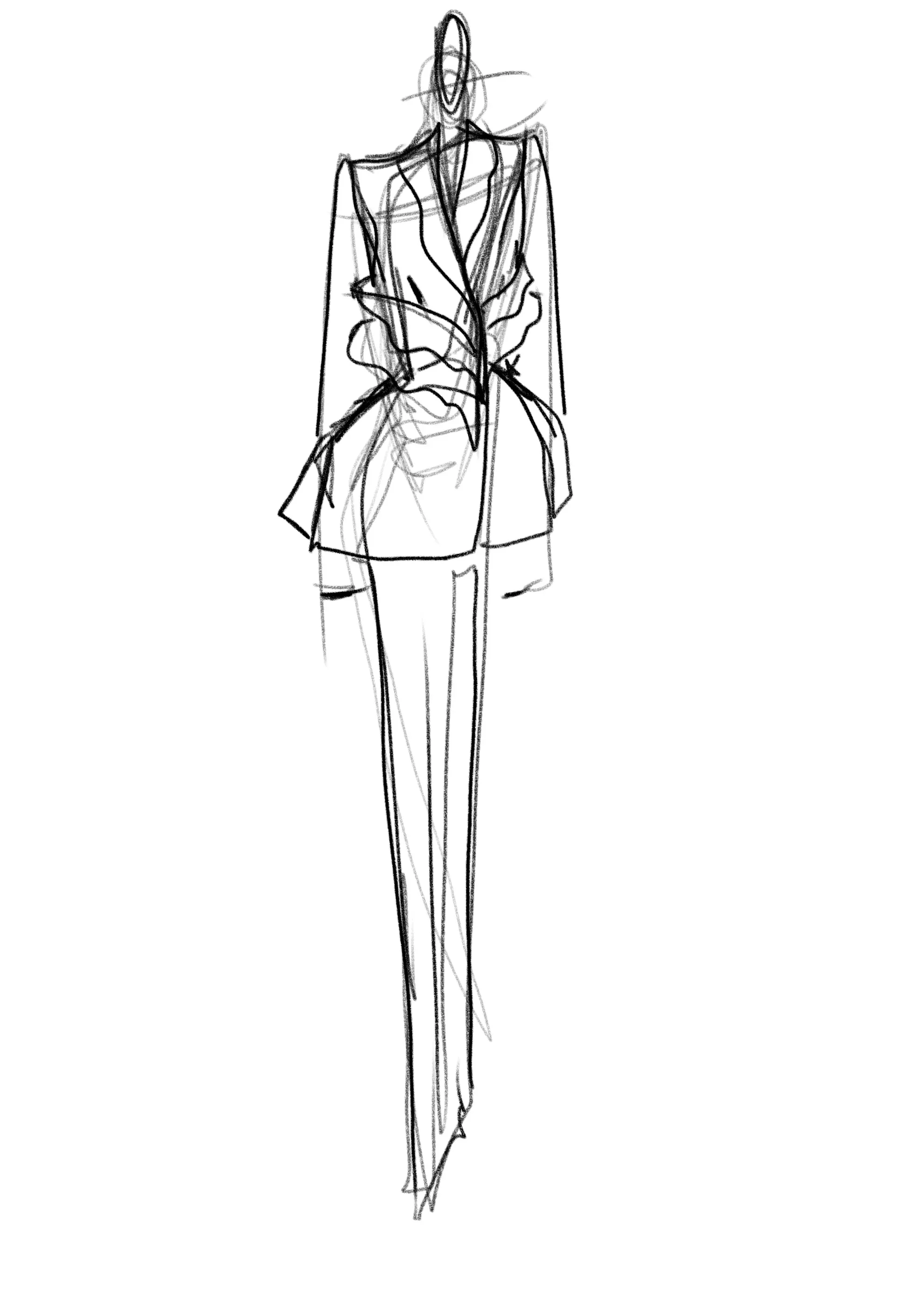 Pencil croquis for a belted double-breasted jacket and trousers