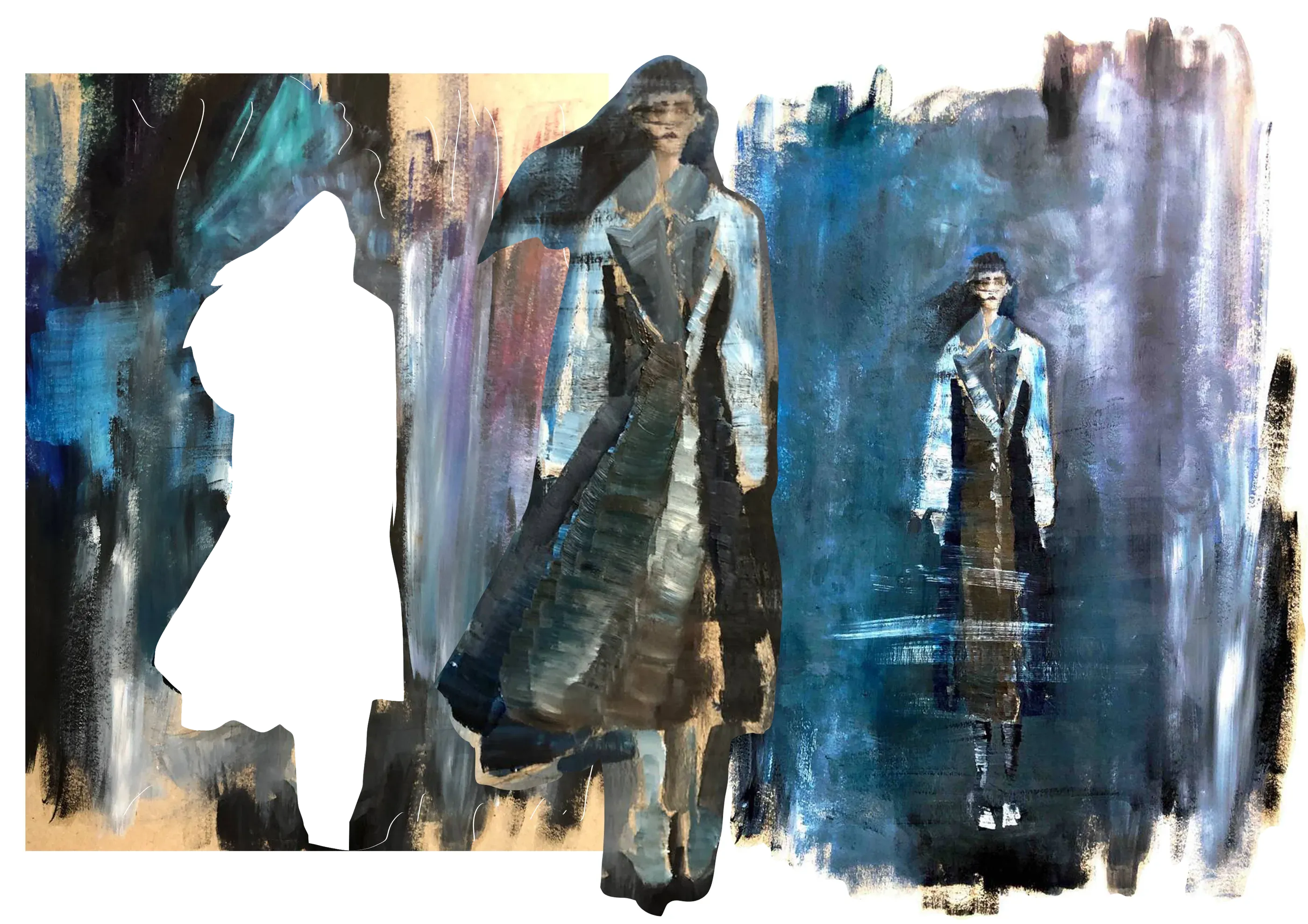 Painted atmospheric study of tailored silhouettes in motion