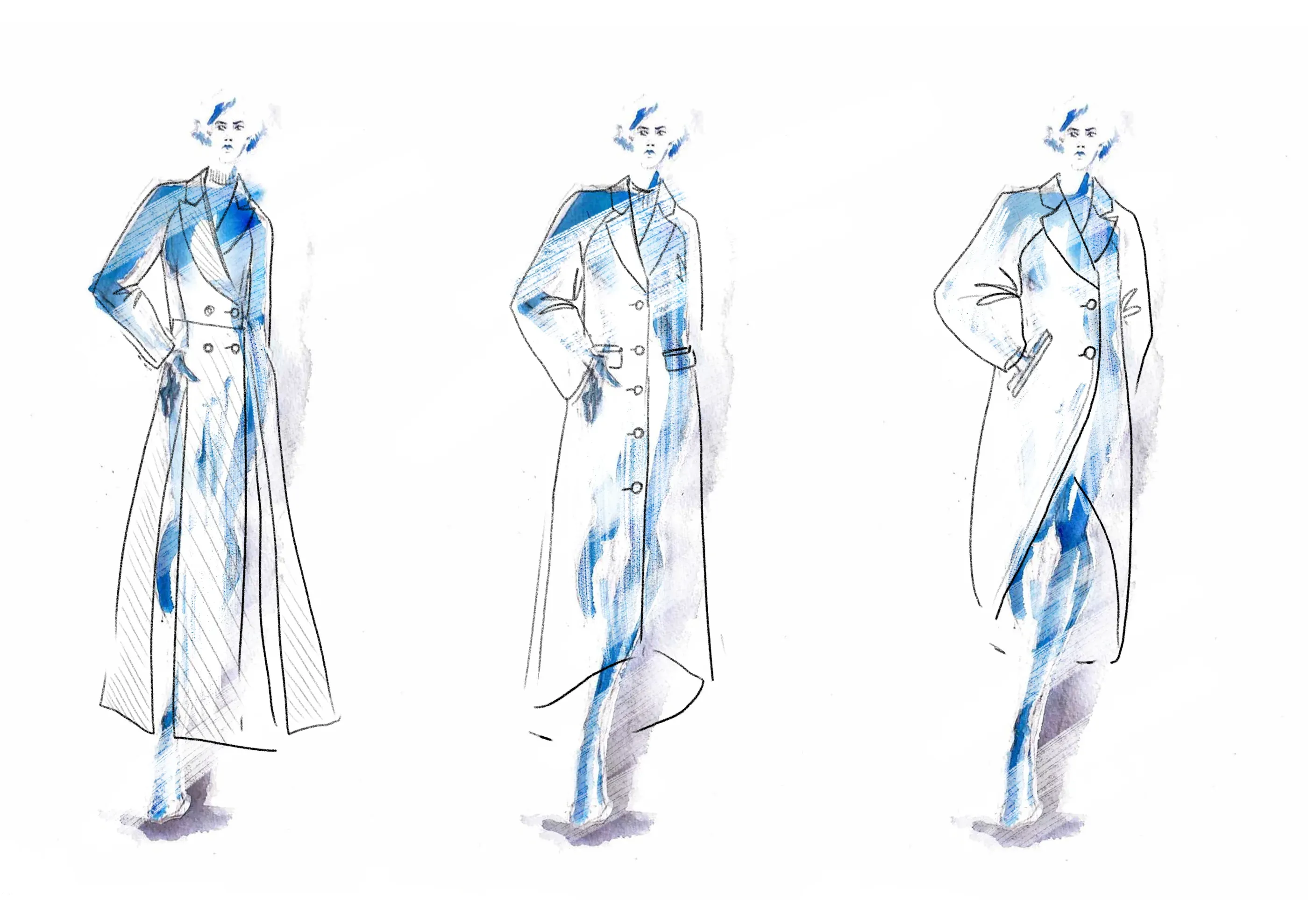 Design lineup exploring three silhouettes for a belted trench coat
