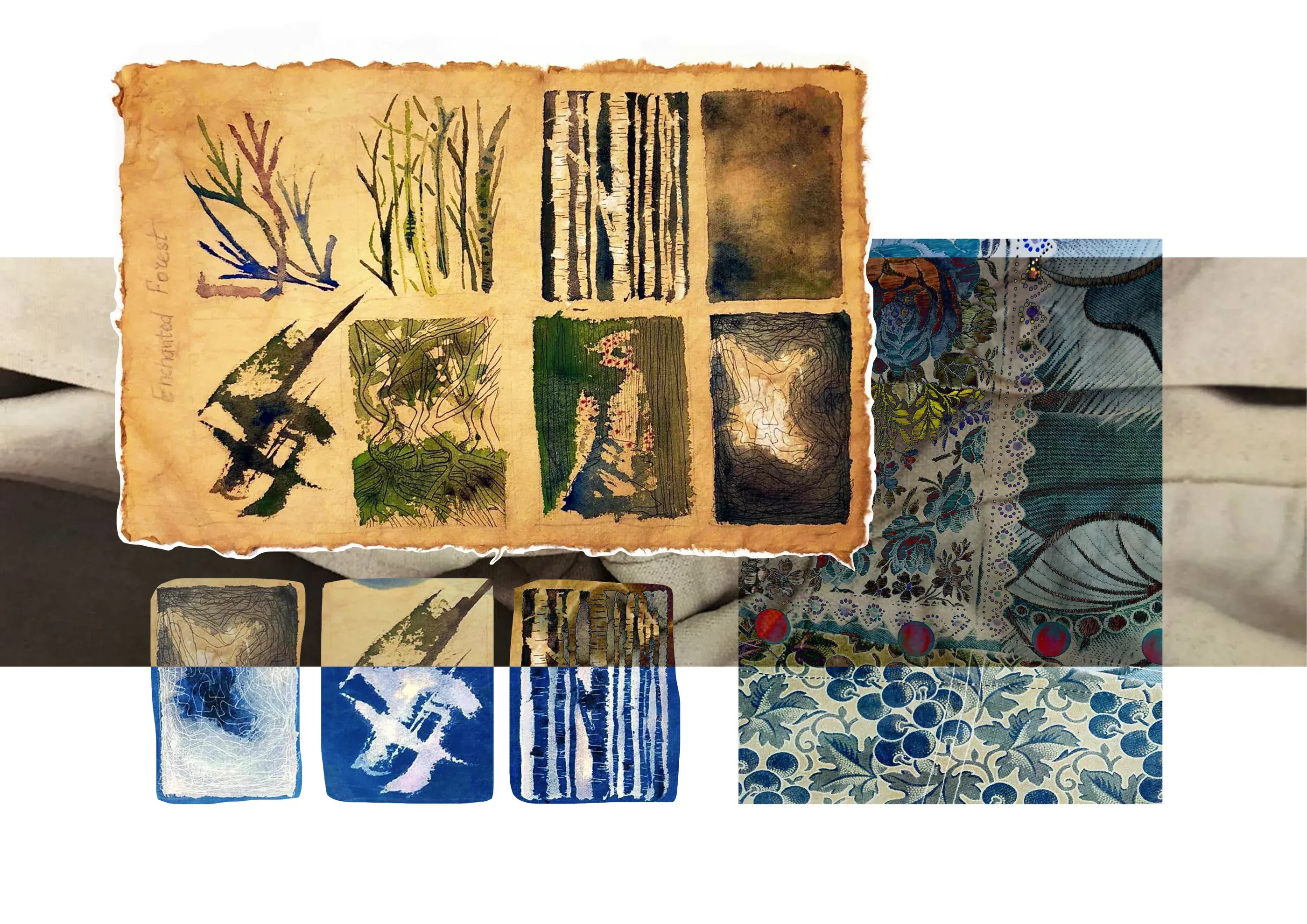 Research moodboard of forest textures and cyanotype studies for Enchanted Forest